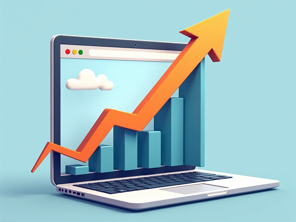 Illustration d'une flèche pointant vers le haut, symbolisant la croissance, avec un site web ouvert sur un ordinateur portable en arrière-plan